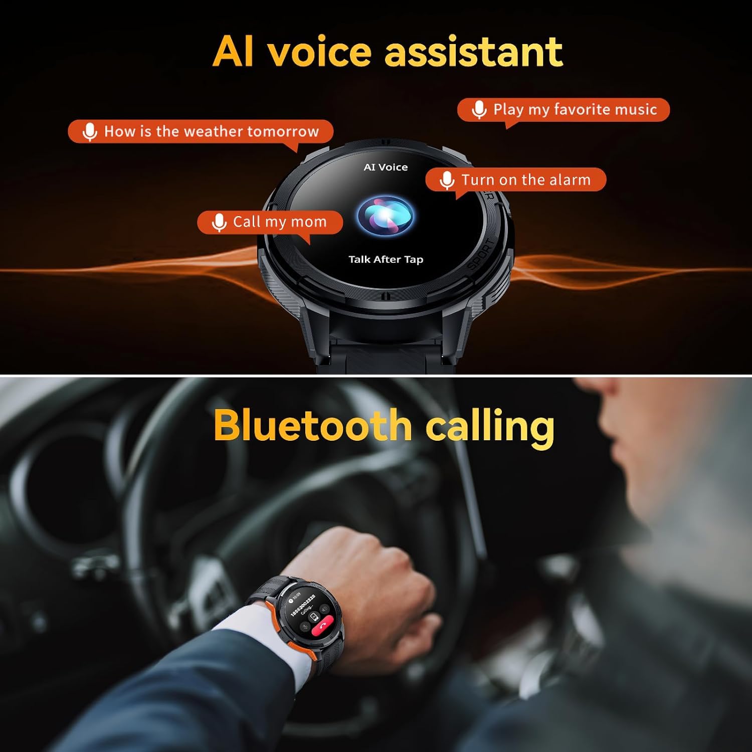 OBA OUKITEL BT10 męski smartwatch z połączeniami Bluetooth, 1,43 cala wyświetlacz AMOLED, bateria 410 mAh, wodoodporny zegarek 5 ATM z monitorem snu tętna dla Androida iOS, pomarańczowy, pomarańczowy