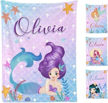 Personalized Baby Blankets for Girls Mermaid Throw Blanket Customized Name Blanket for Kids 30" x 40" Style 1