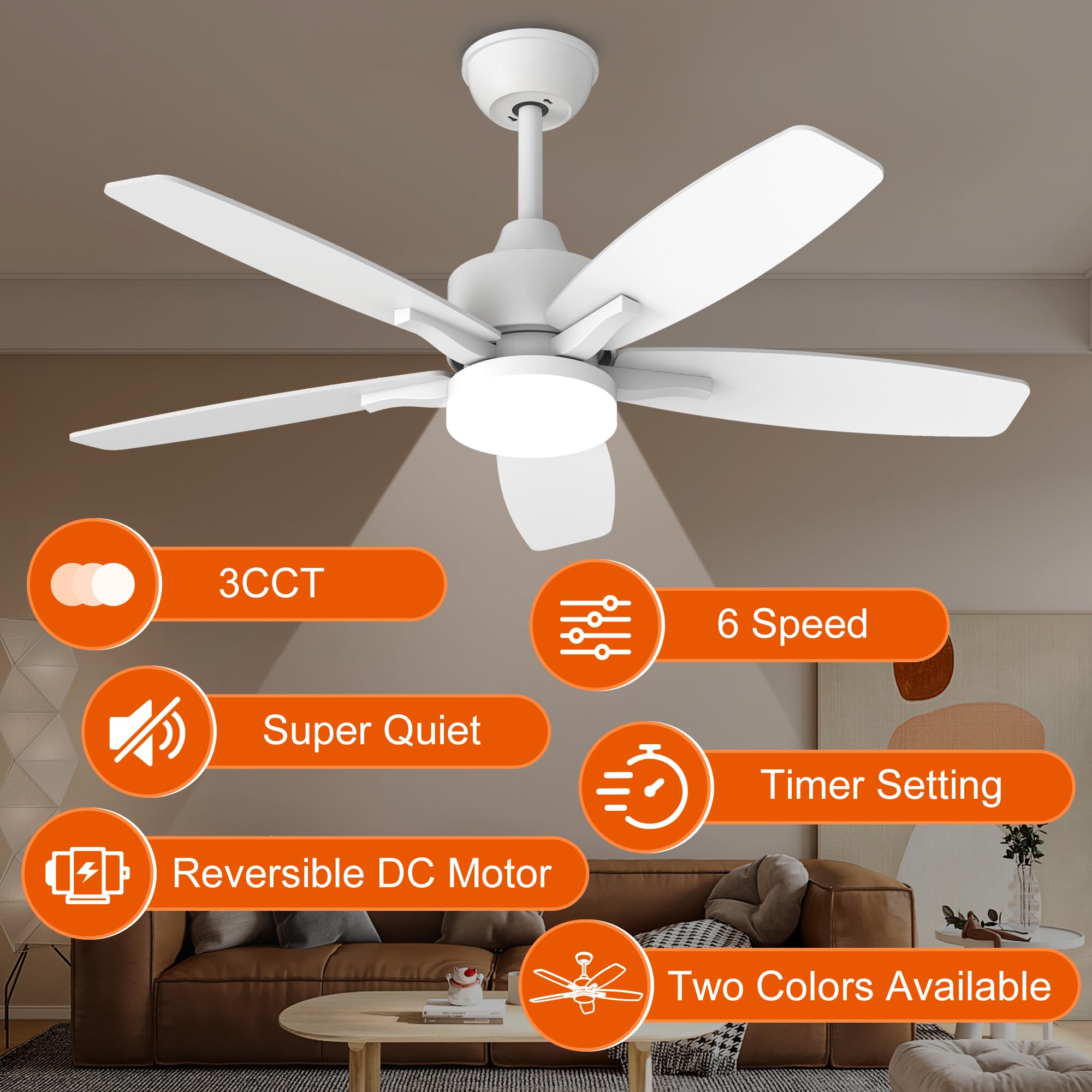 Ventilateur de Plafond avec Lumière et Telecommande, 106cm LED Lampe Ventilateur Plafond Dimmable Lampe Intégrée, 6 Vitesses, Silencieux Pales Effet Bois