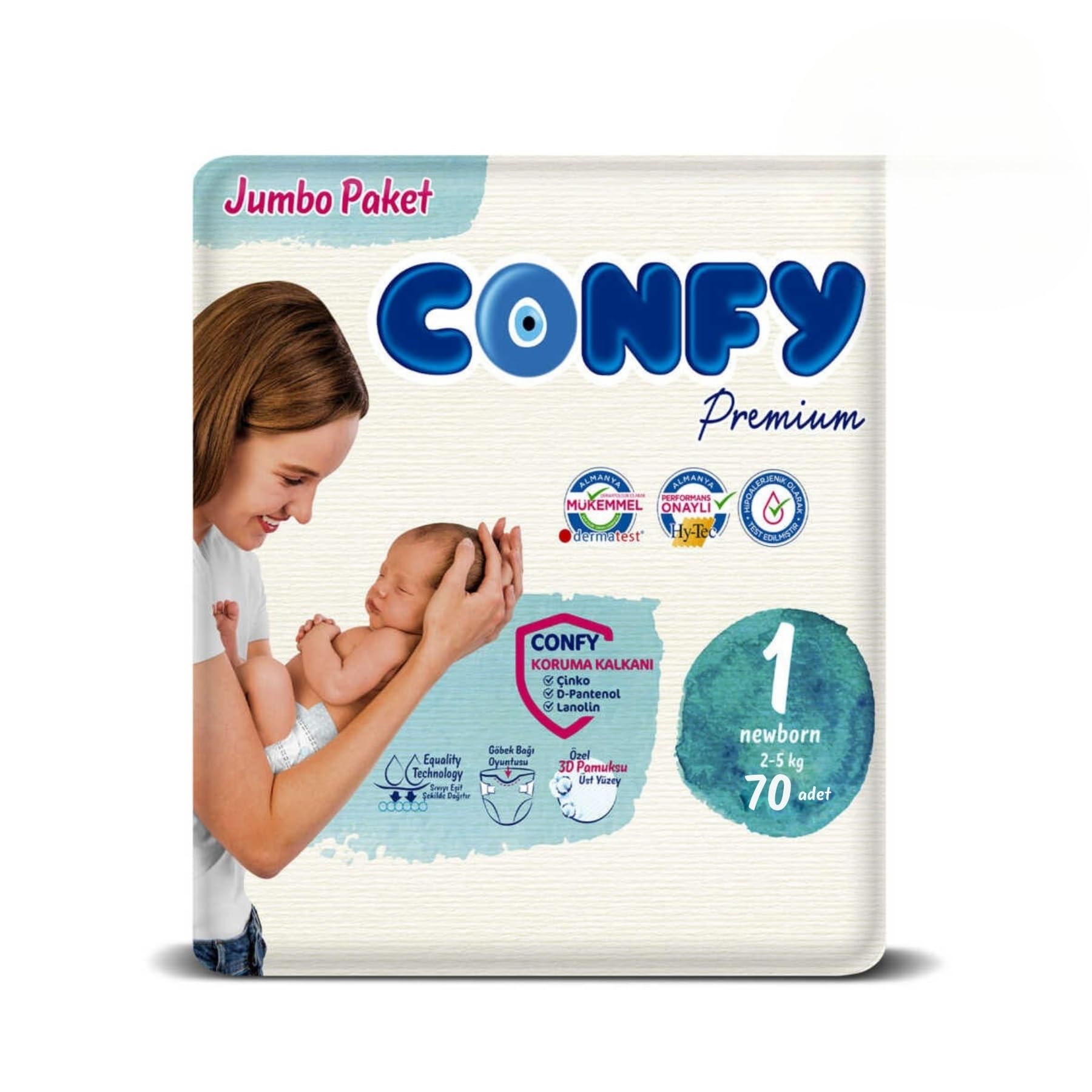 Confy Premium Yenidoğan Bebek Bezi 1 Numara | 2-5 kg | 70 Adet | Ekonomik Paket