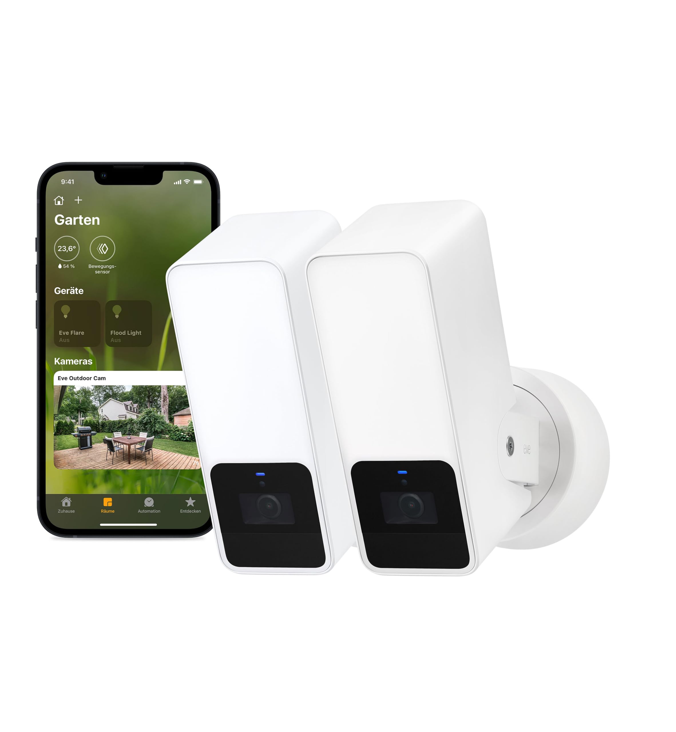 Eve Outdoor Cam weiß (Apple Home) 2er-Pack – Smarte Außenkamera | Sicherheit & Privatsphäre (HomeKit Secure Video), Nachtsicht, Bewegungsmelder, Gegensprechanlage, WLAN (2,4/5 GHz)
