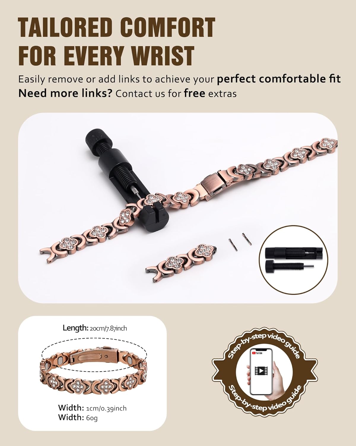 Jecanori 5X Strength Magnetic Copper Bracelet for Women —Updated 5,000 Gauss Ellipse Magnets — Premium Fold-Over Clasp & Adjustable Length - Image 7