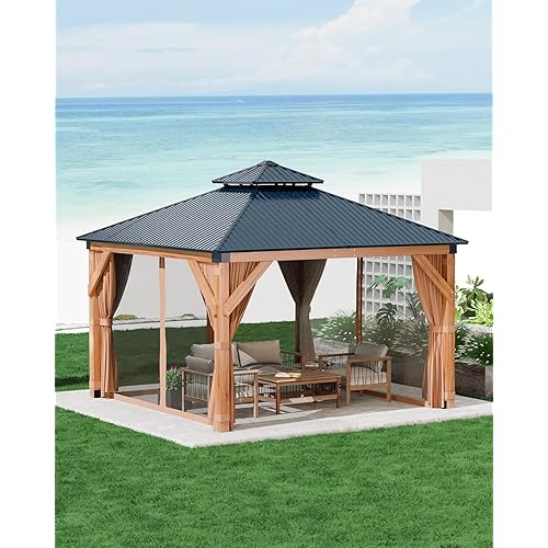 GAOMON Hardtop Spruce Wood Gazebo 10'x10', with Double Roof of Metal Sheets, 4.7'' Heavy Duty Poles, Net, and Curtain, Permanent Building for Patio, Deck, Backyard, Lawn, and Garden, Khaki