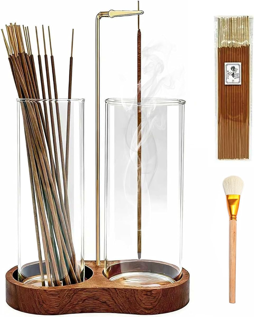 Porta Incienso de Ceremonia, Porta Incienso de Madera 2 en 1 para Varillas | Quemador de incienso anticenizas con recogedor de cenizas de vidrio para decoración de sala de spa, yoga y meditación
