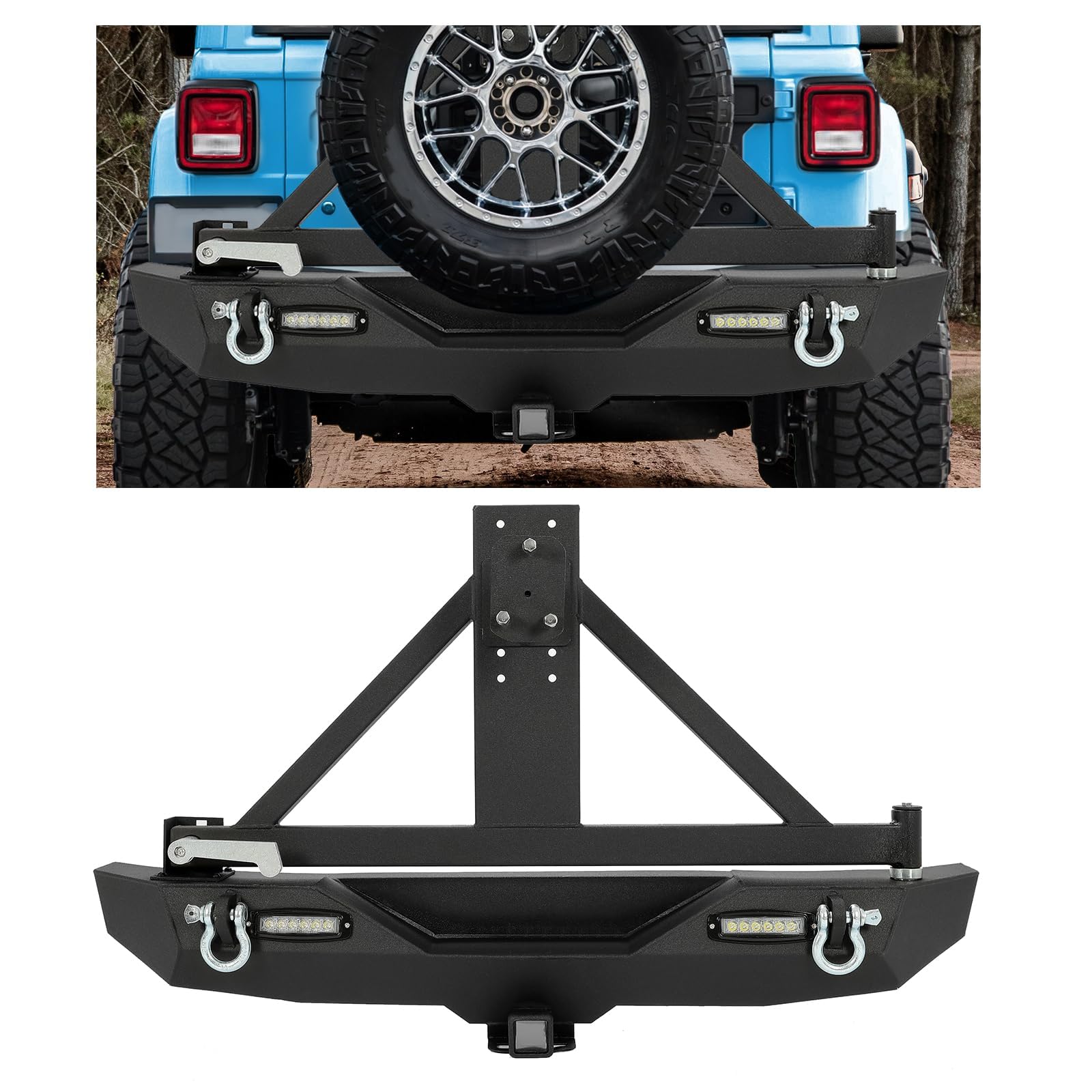 Photo 1 of *** PARTIAL SET *** ECOTRIC Steel Rear Bumper Compatible with 2007-2018 Jeep Wrangler JK with Tire Carrier Bumper w/Lockable Tire Carrier 2" Receiver 2Pcs High Powered LED Floodlights Textured Black 2 Packages