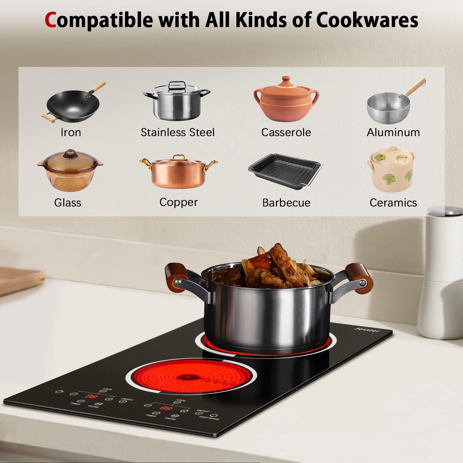 Jessier 2 Burners Electric Cooktop Plug in 110V with 2 Burner Electric