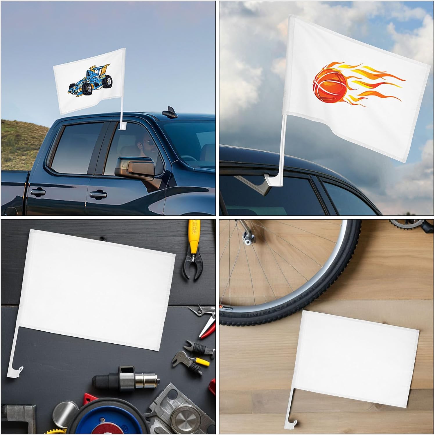8pcs White Car Flags with Poles 30x45cm Solid Color Window Flags Blank DIY Decor for Sports Events Parades and Outdoor Vehicle Accessories