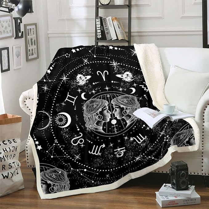 Erosebridal Sun and Moon Sherpa Blanket Throw Size, Constellation Gemini Throw Blanket for Kids Teens Adult, Zodiac Signs Astrology Fleece Blanket Starry Sky Galaxy Flannel Blanket, Black White