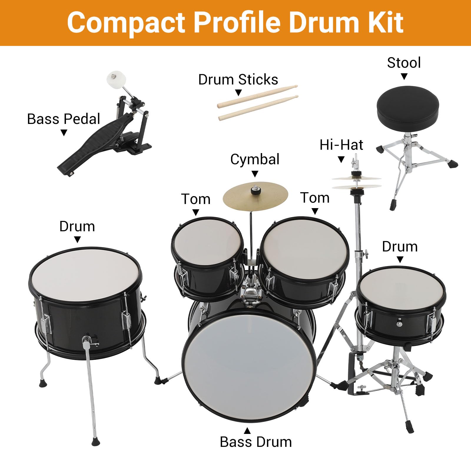 5-Teiliges Kinder-Schlagzeug, e-Drums Set, Junior-Schlagzeugset Mit Bassdrum, Snare, 2 Toms, Becken, Hi-Hat, Hocker, Trommelstöcken Und Pedalen, Musikalisches Geschenk Für Anfänger Ab 4 Jahren