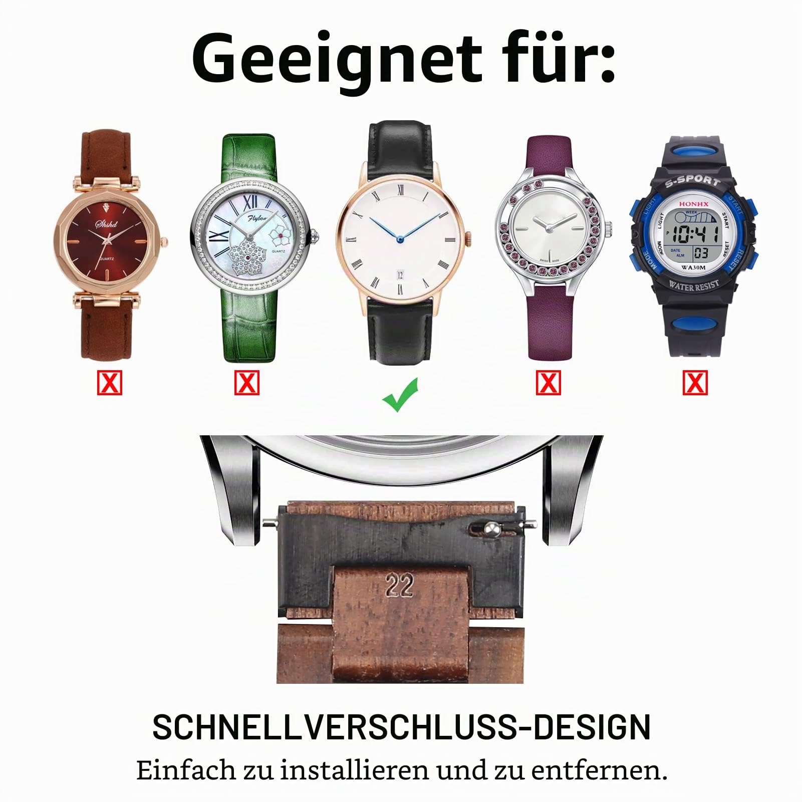 Schnellspannarmband, Uhrenarmband aus Naturholz, Wahl der Armbandfarbe und -breite 18mm, 19mm, 20mm, 21mm, 22mm, 23mm oder 24mm