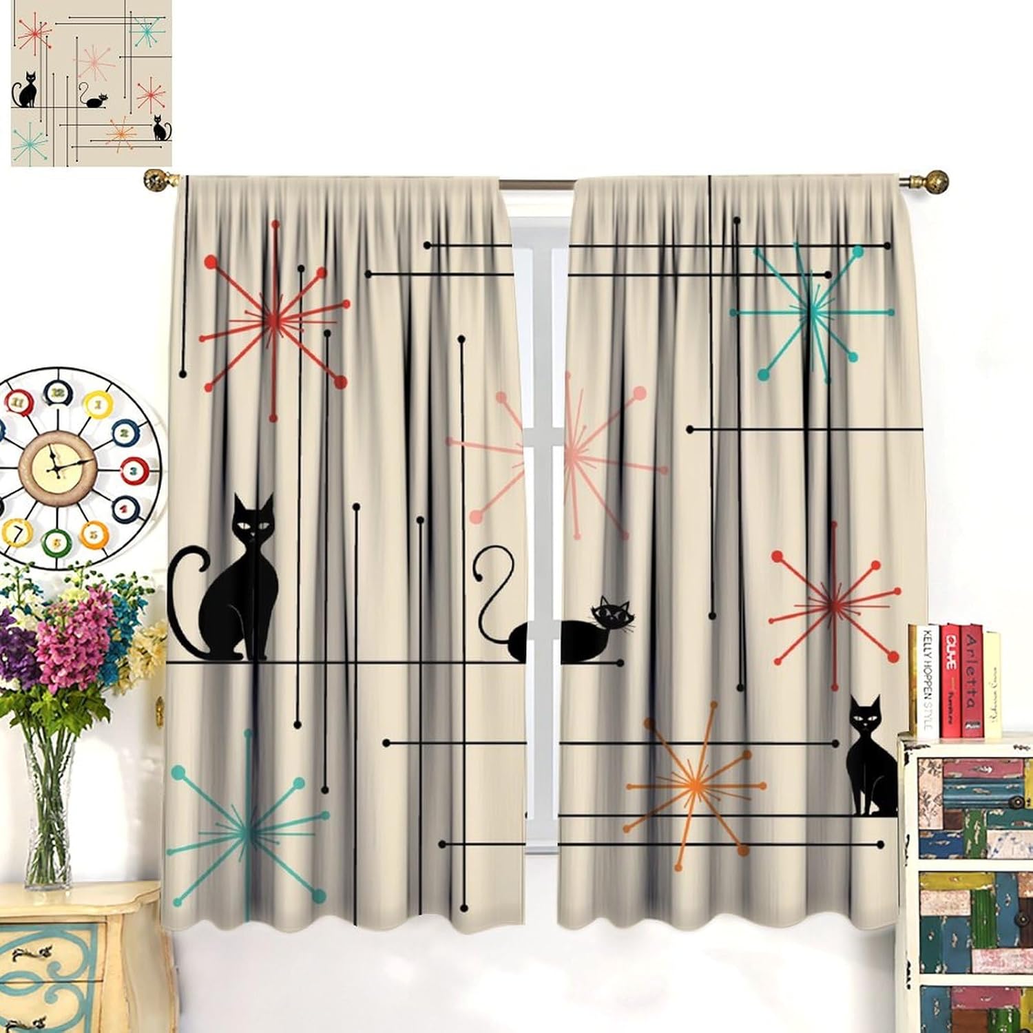 Retro 50s Curtains, Mid Century Vintage Geometric Abstract Atomic Black Cat Blackout Window Treatments, Rod Pocket Thermal Insulated Drapes for Bedroom Living Room, 42" W X 54" L