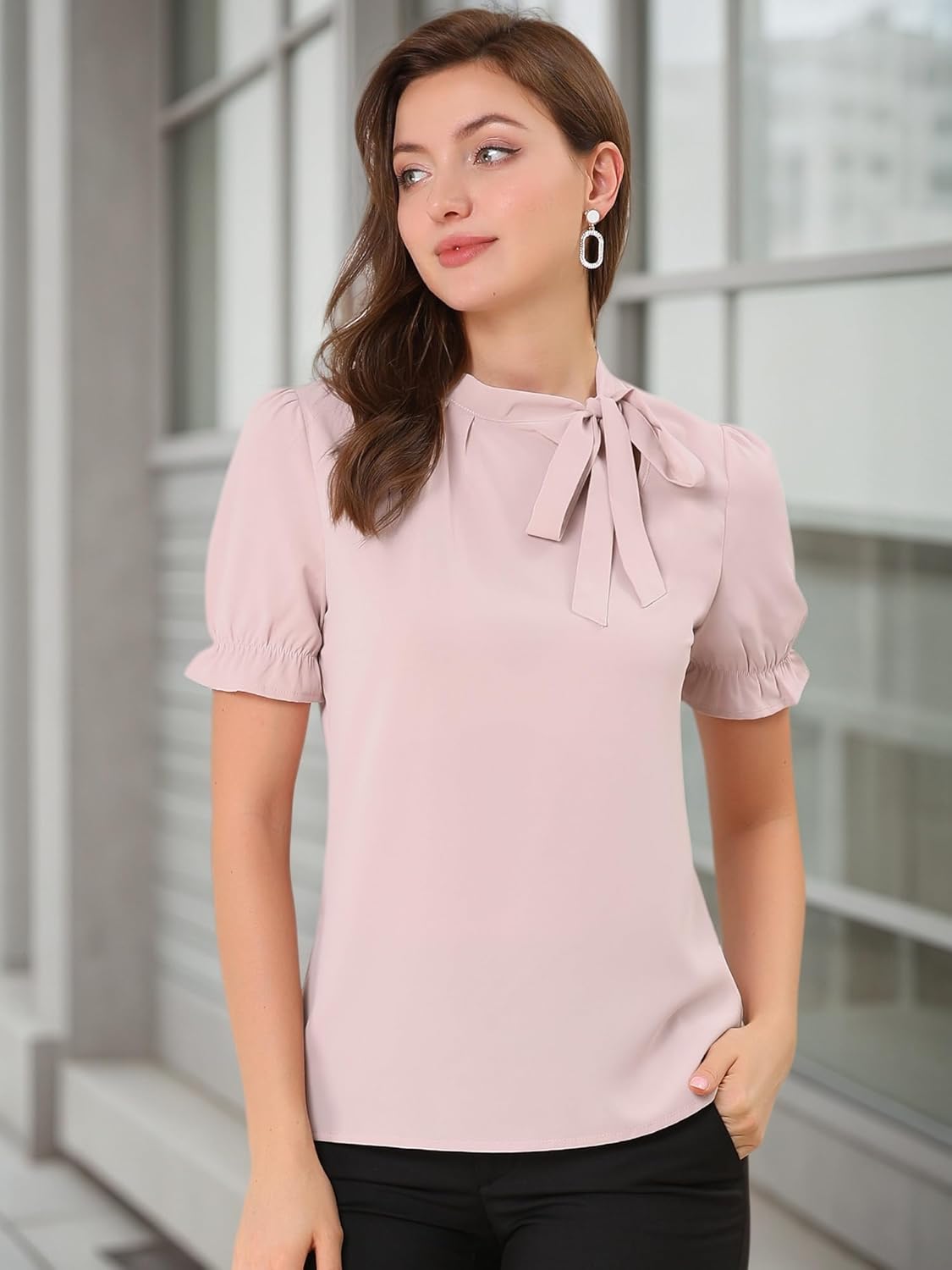 Allegra K Women's Bow Tie Neck Shirts Elegant Office Short Sleeve Femme Blouse Top - Image 2