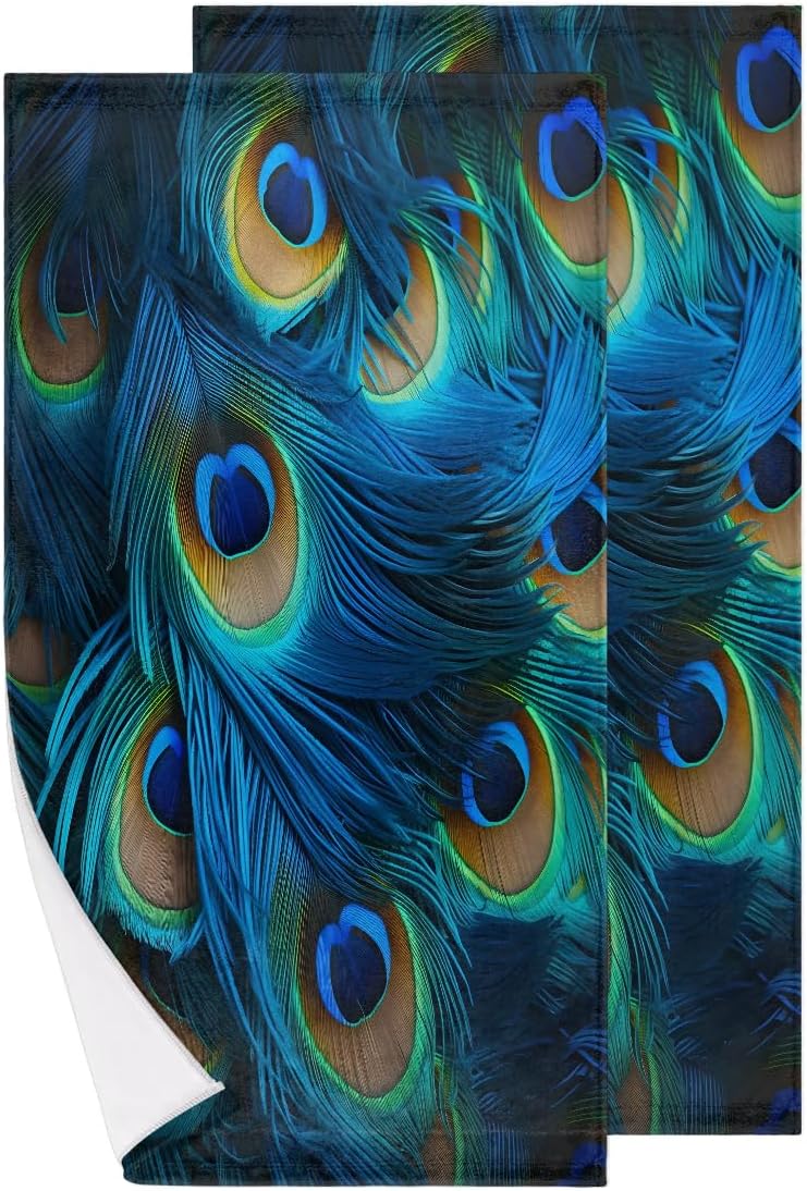 Green Blue Peacock Feather Hand Towels for Bathroom Set of 2, Decorative Bath Hand Towels, Soft Microfiber Absorbent Towel for Fitness, Yoga, Travel, Camping, Gym