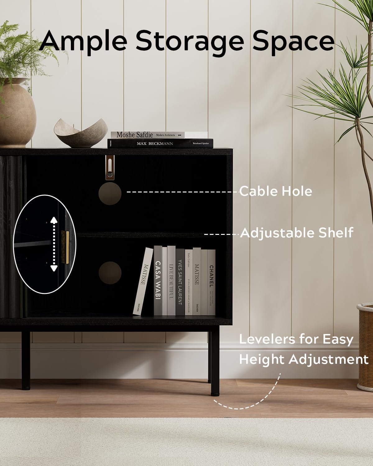 Black Fluted Tv Stand with Sliding Doors, 47" Mid Century Entertainment Center with Adjustable Shelf, Wooden Media TV Console with Storage Cabinet