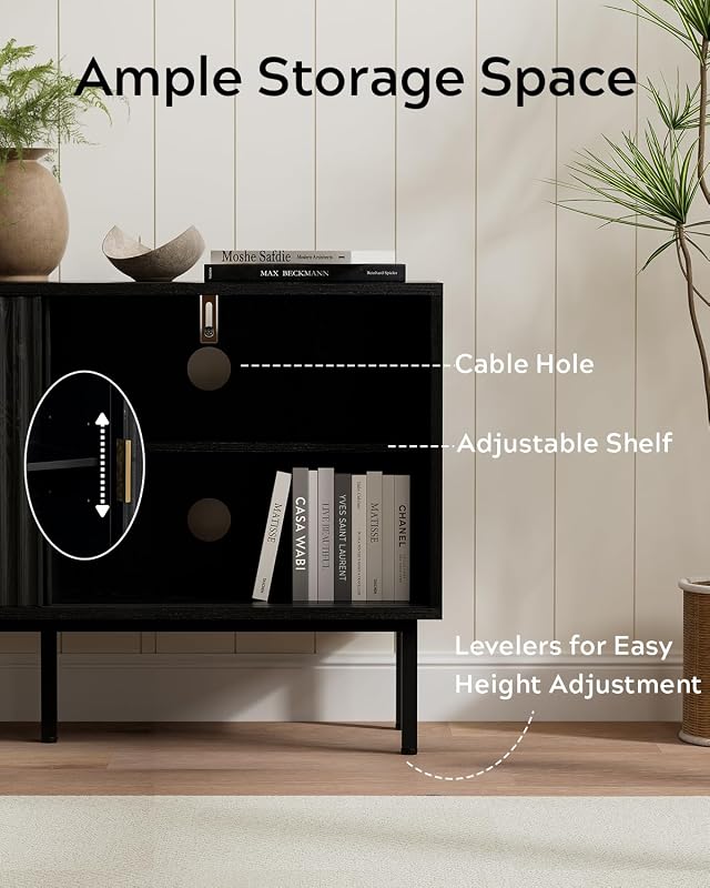 EYYTHUNG Fluted Tv Stand, 47" Entertainment Center with Adjustable Shelf & Sliding Doors, Wooden Media TV Console with Storage Cabinet, Black image 5