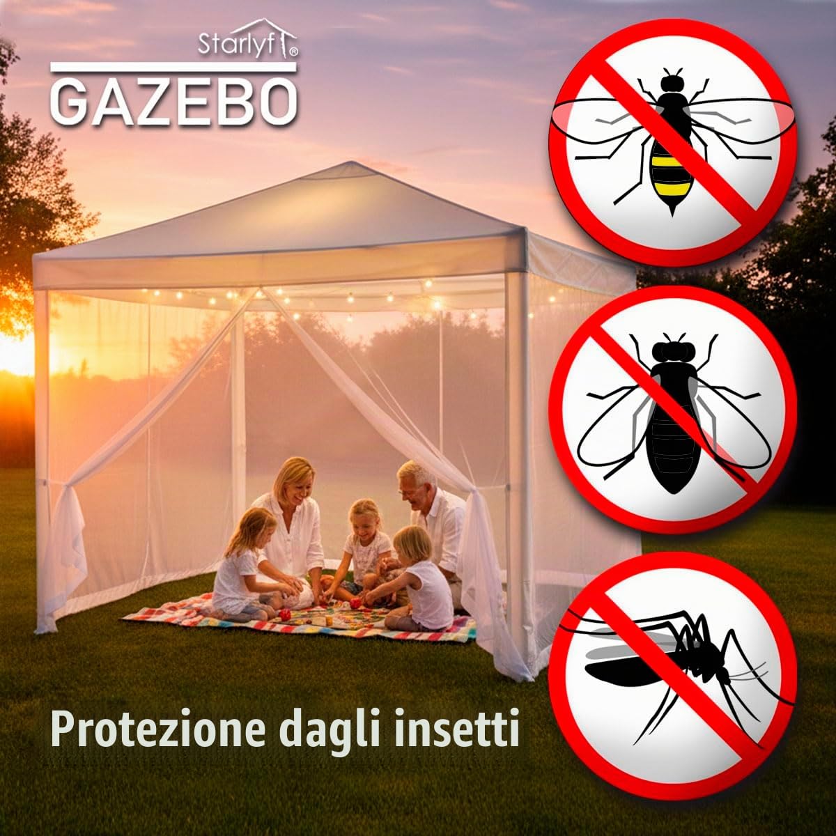 STARLYF Gazebo pieghevole -3 x 3 x 2,45 m - Tenda da giardino pop-up con protezione UV, gazebo impermeabile, visione a 360°, pareti anti-zanzare, ideale eventi e terrazza