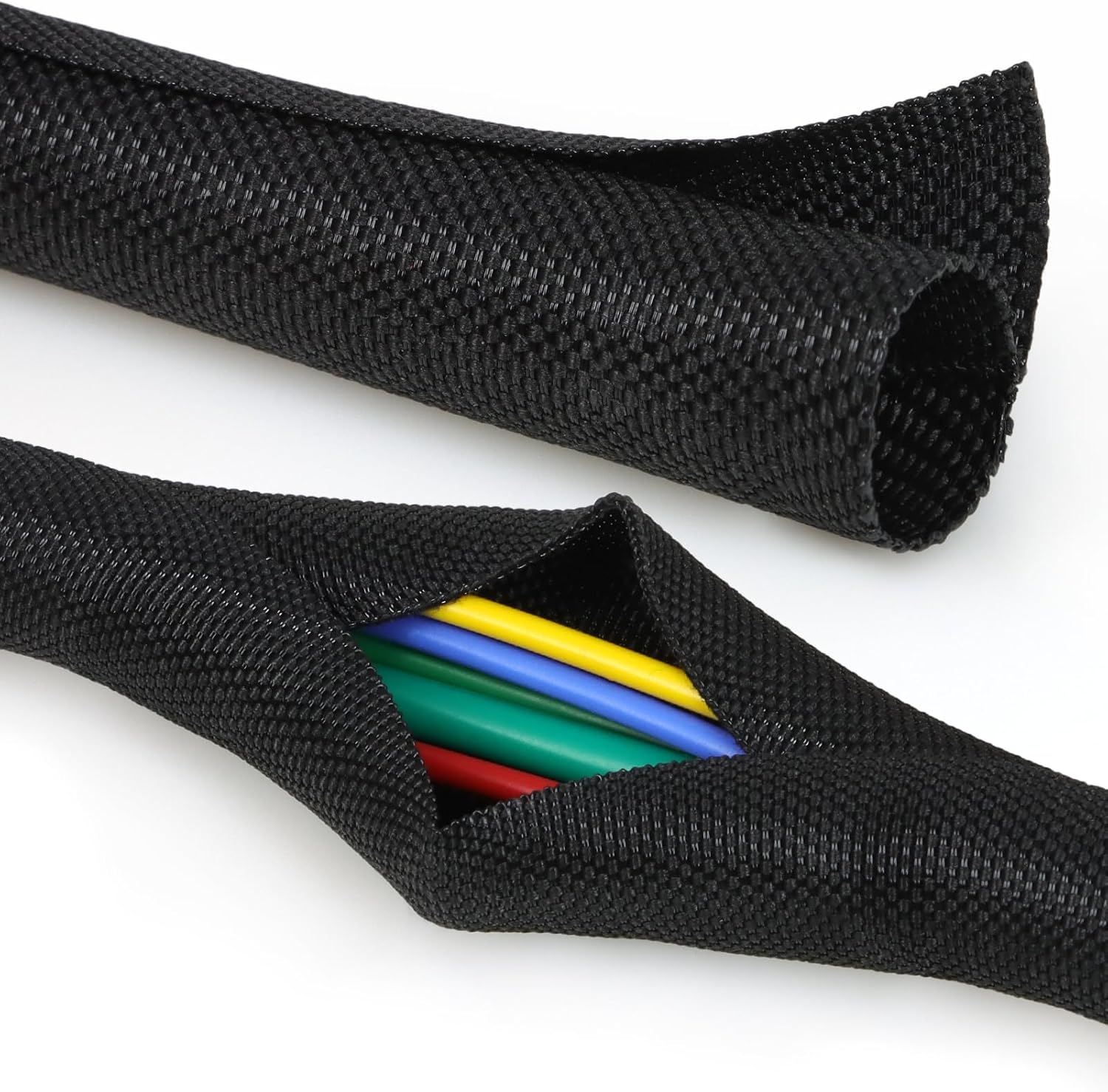 Split Braided Cable Sleeve，Flexible Wire Loom Tubing, Automotive Cord Protector Pet Proof, Cable Management for Computer TV Electric Wires Harness 16ft (White, 32mm（1-1/4")