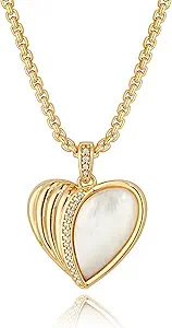 Fettero Dainty MOP Necklaces for Women, 14K Gold Plated Heart Cross Teardrop Pendant Cute Charm Neclace Delicate Pearl Beach Gold Necklace for Women Jewelry Gift