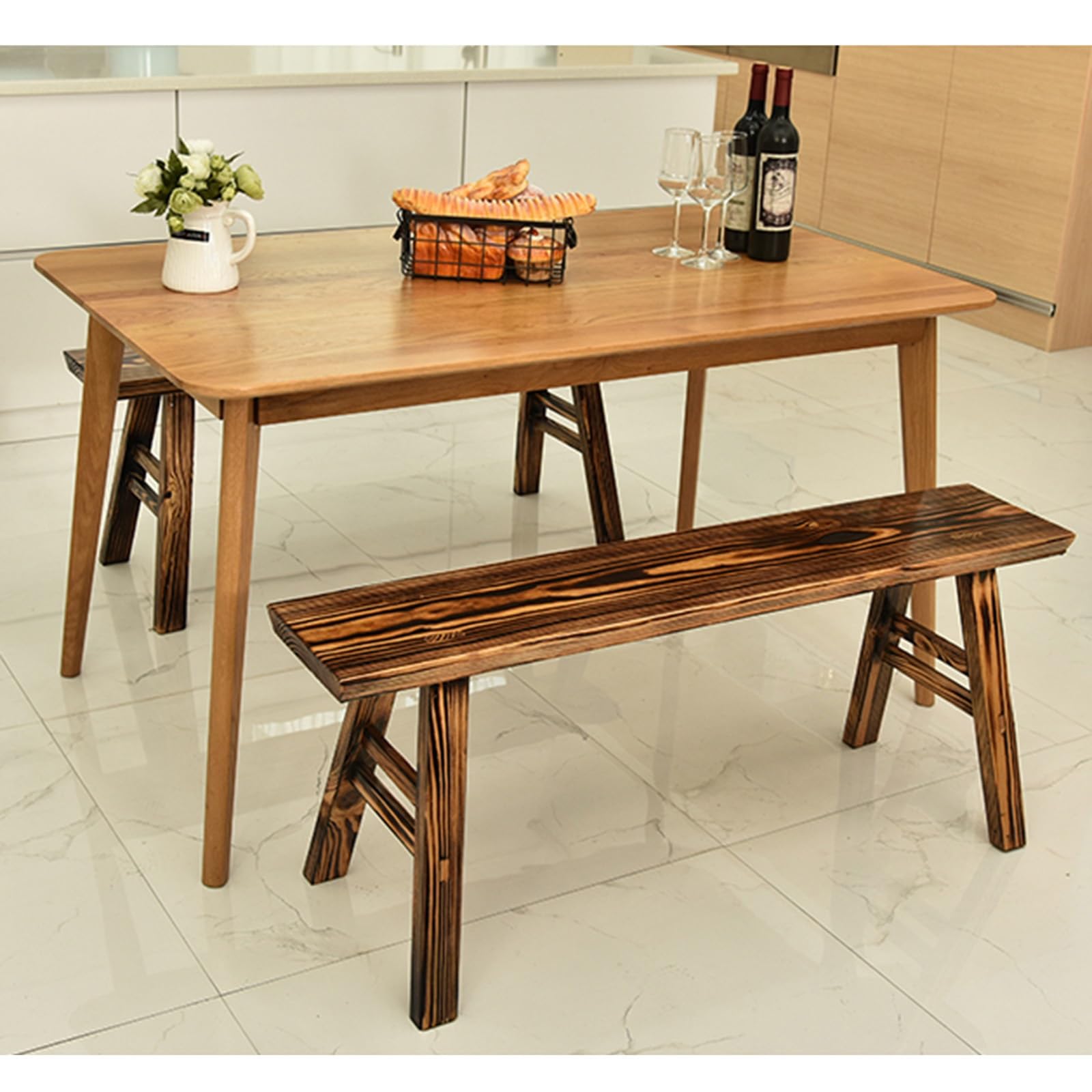 Banc bois de Rustique,Banc d'entrée en bois massif,Banc d'entrée Conception sans accoudoirs, Banc à chaussures en bois,Pour salle à manger, salon, couloir, chambre, stabilité structurelle(Beige,98X17.