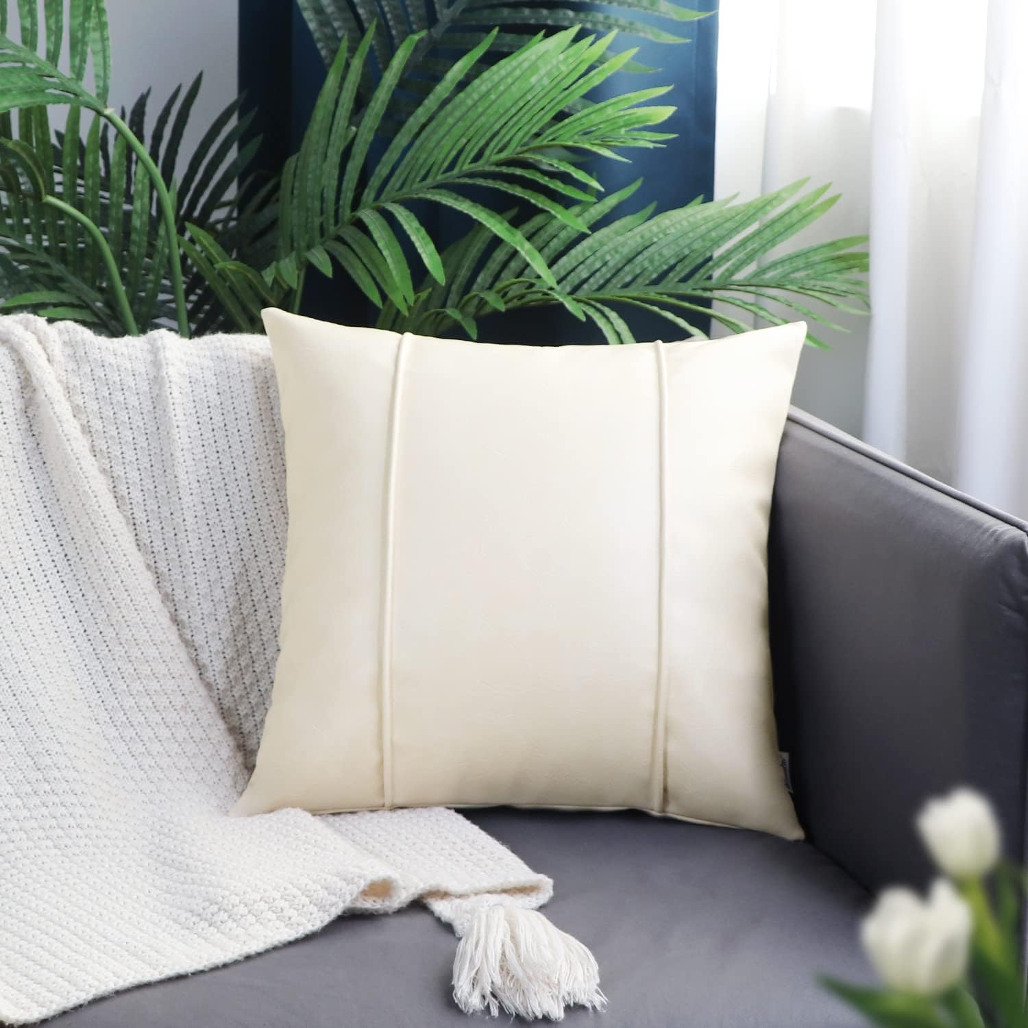 BRAWARM Cream Leather Throw Pillow Covers 22 X 22 Inches - Faux Leather Pillow Cover with Piping, Hand Stitched Faux Leather Throw Pillow for Couch Sofa Bed Living Room Home Decorative
