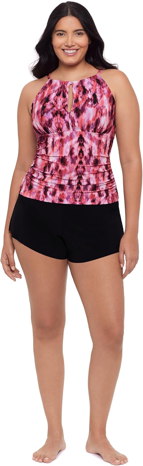 Trimshaper Women's Keyhole High Neck Chloe Swim Tankini Top with Tummy Ruching