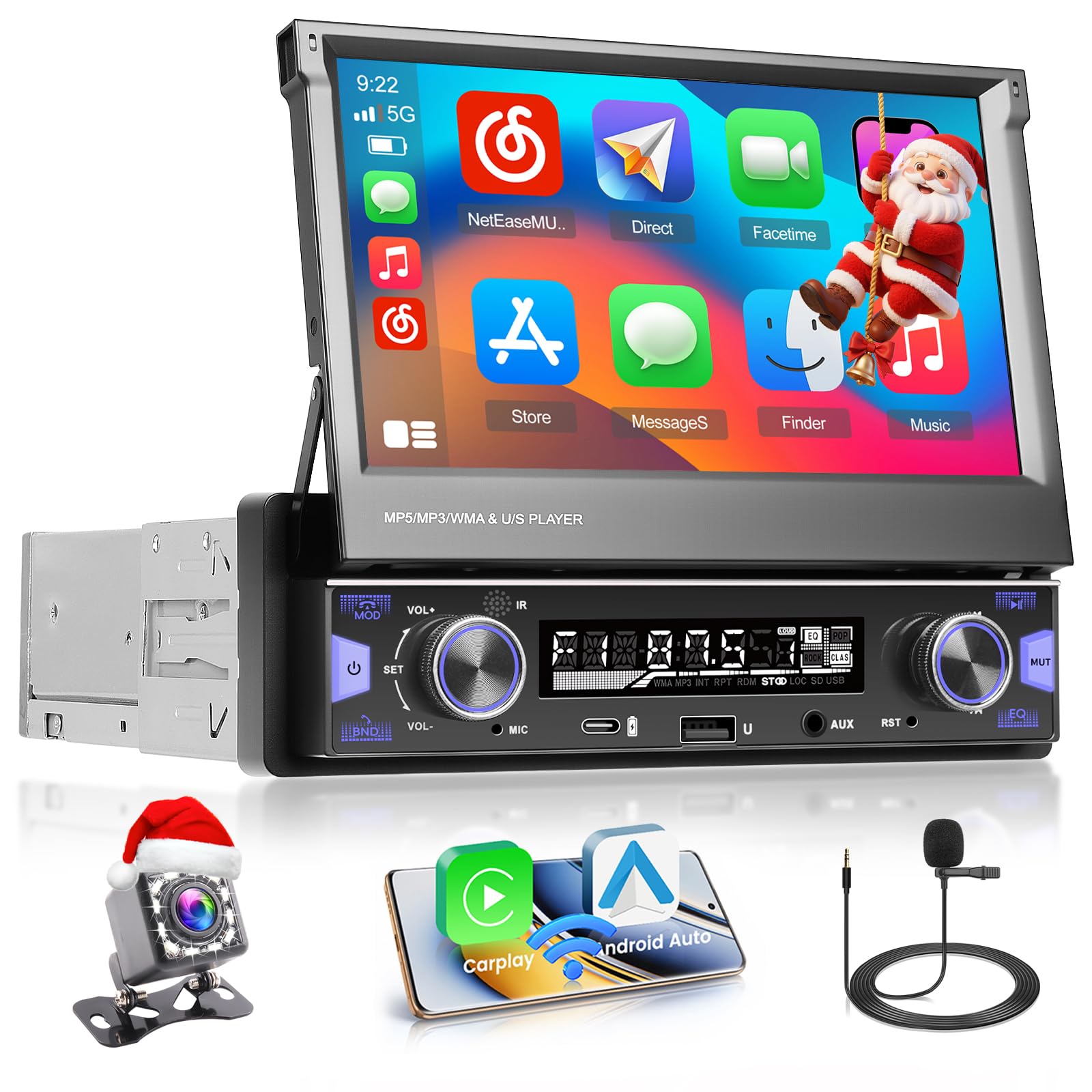 Inefala 7 Inch Single Din Motorized HD Touchscreen Car Radio with Wireless CarPlay Android Auto - Flip Out Car Radio with Bluetooth FM/AM/RDS Stereo EQ Mirror Link SWC USB/Type-C/AUX Backup Camera MIC