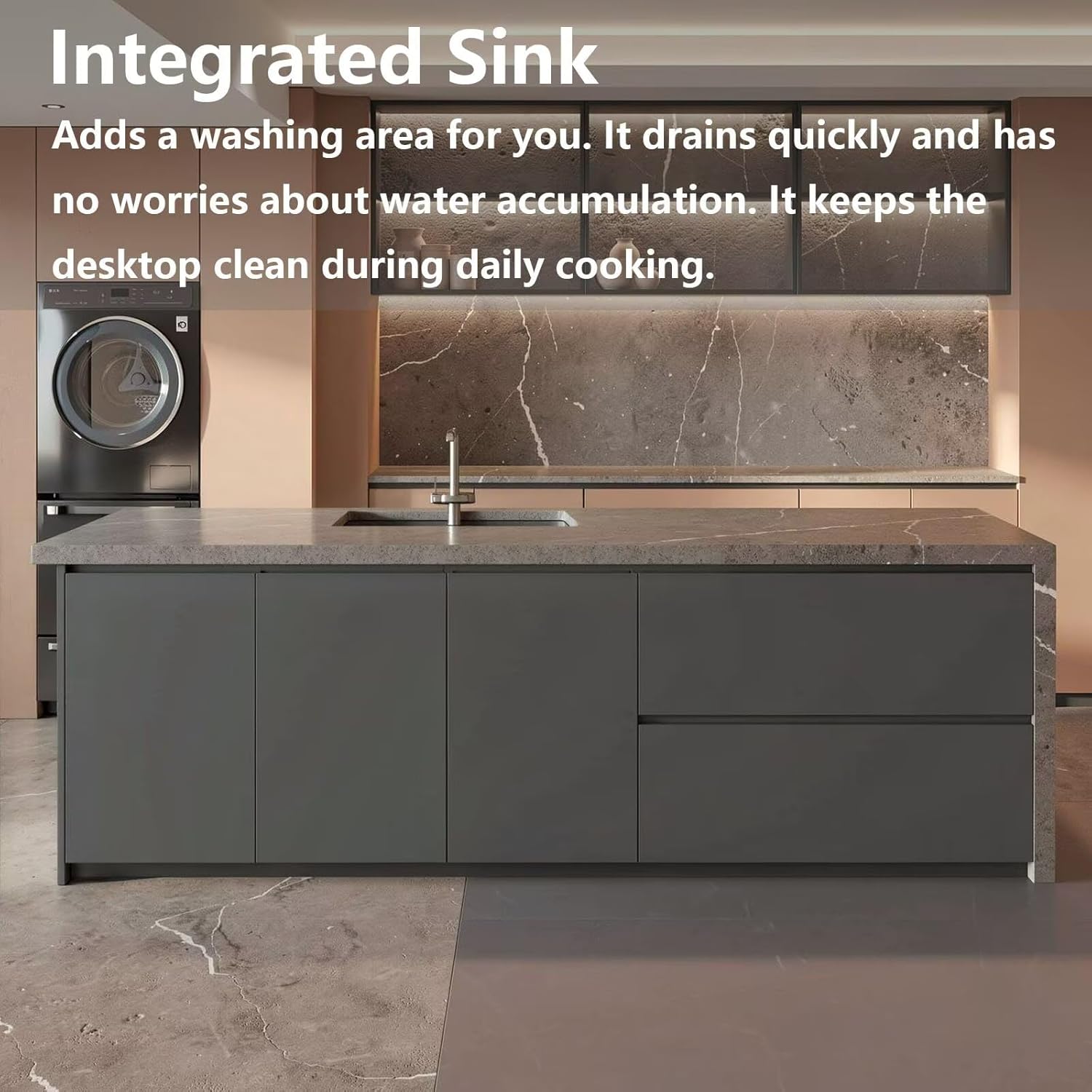 Kitchen Island with Storage - Kitchen Island Table with Slate Top, Grey Cabinet, Sink, Drawers, Cabinets for 3-4 Persons (84IN No Chairs)