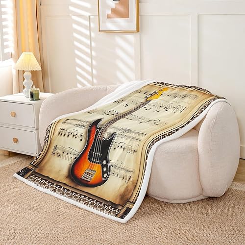 Miniatura 3 de Castle Fairy Rustic Musical Kids Plush Blanket,Guitar Bass Instruments Print Bed Blanket Art Home Decor,Retro Note Boho Ethnic Plaid Modern Fuzzy