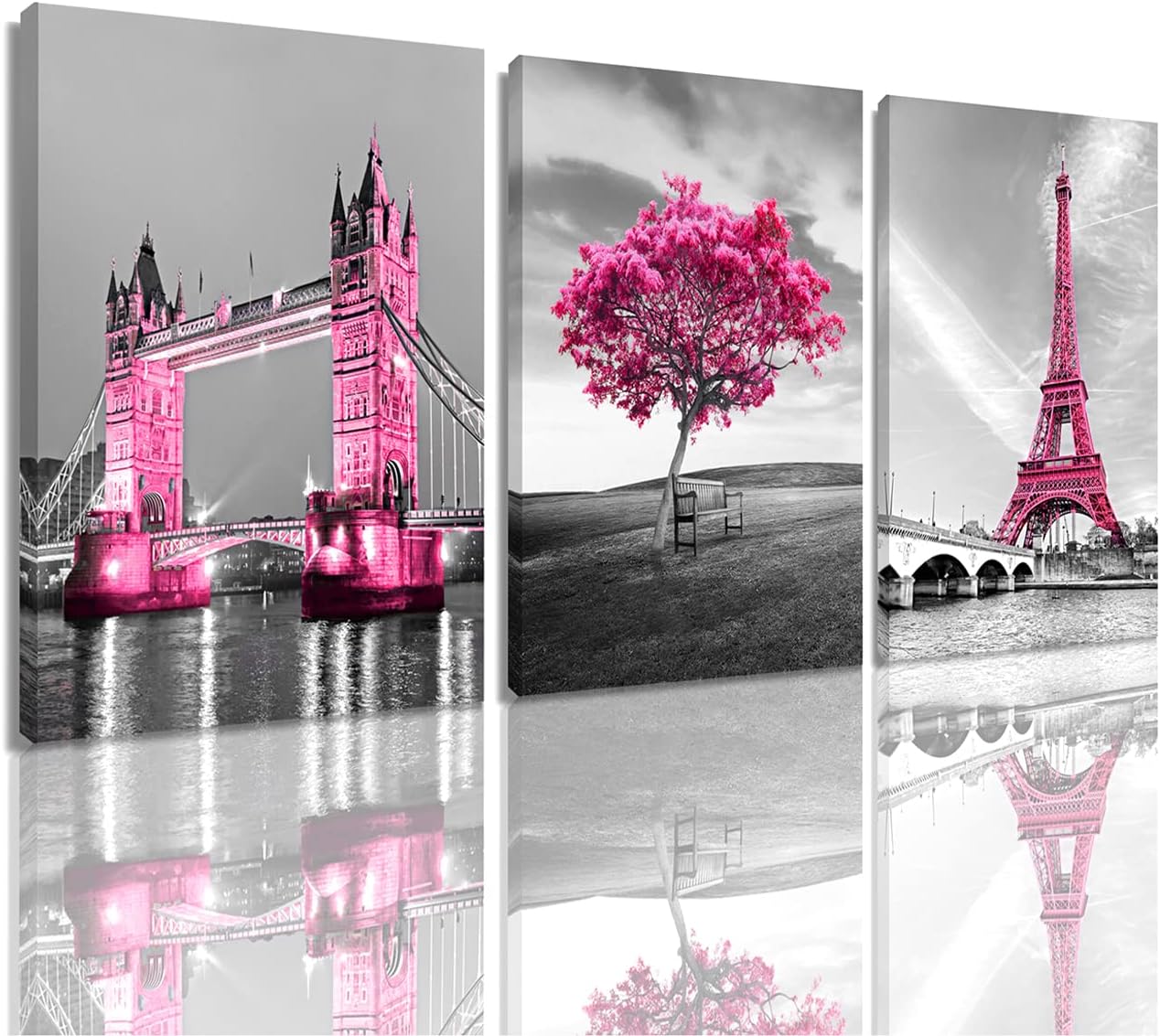 Pink Paris Eiffel Tower Wall Art - 3 Piece Canvas Prints, Black and White with Pink London Bridge Decor for Girls & Teen Girls Bedroom, Framed and Ready to Hang (12"x16"x3 Panels)