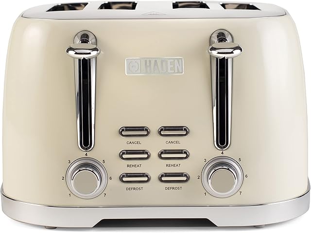Haden Brighton 4 Slice Cream Toaster - Electric Stainless Steel Toaster - Reheat and Defrost Functions - 6 Variable Browning Controls - Self Centering Function