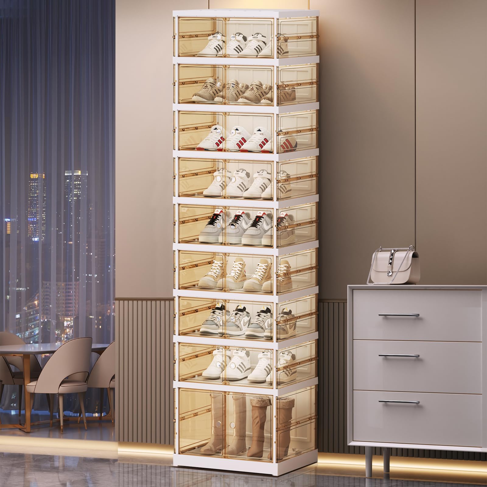 Faltbarer Schuhschrank Mit 9 Ebenen & Magnetischen Türen – Kein Aufbau Nötig, Für Bis Zu 18 Paar Schuhe, 44x35x178 Cm