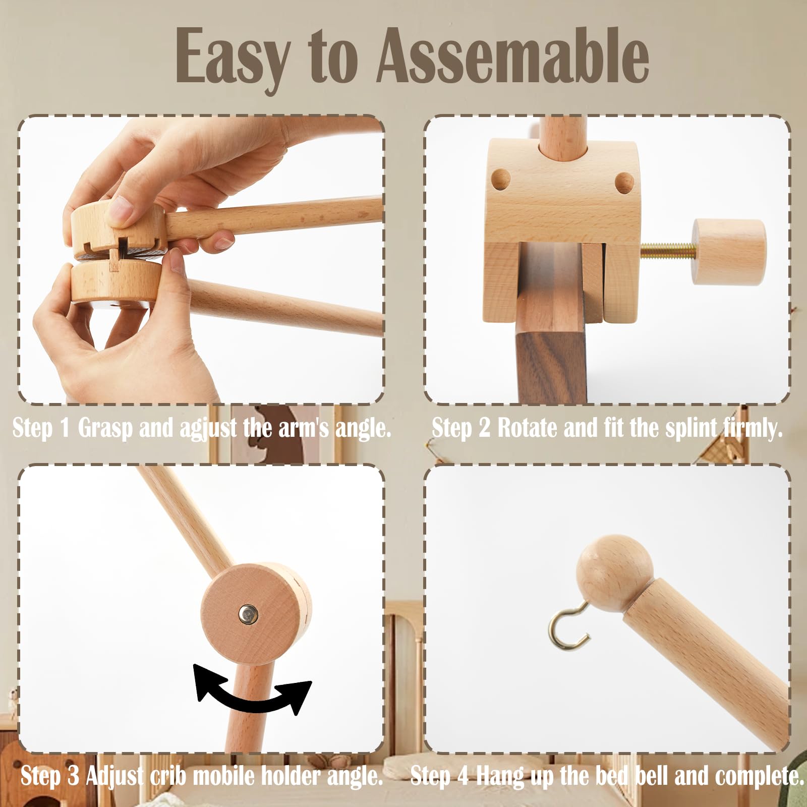 Soporte móvil para bebé, Soporte Móvil Cuna de Madera, Altura Ajustable Carrusel Cuna Bebe, Percha para Móvil de Bebé Extraíble, para Colgar Campanas de Viento Campana de Cama Juguetes