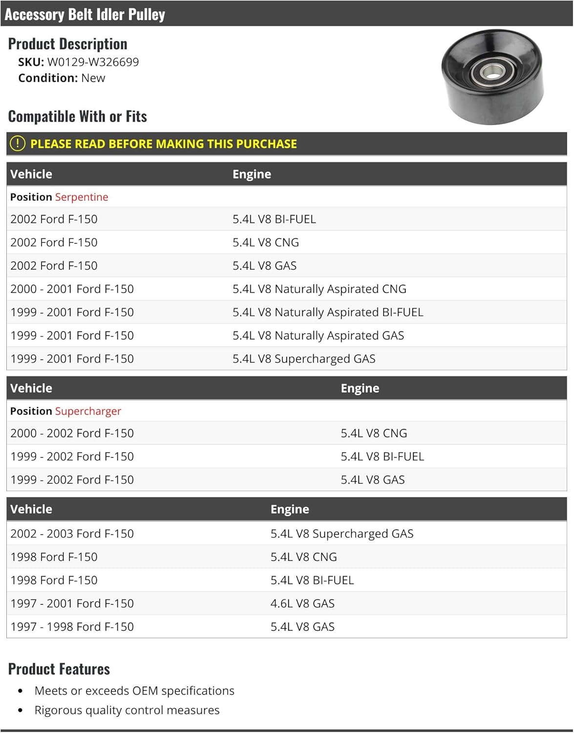 Marketplace Auto Parts Accessory Belt Idler Pulley - Compatible with 1997-2003 Ford F-150