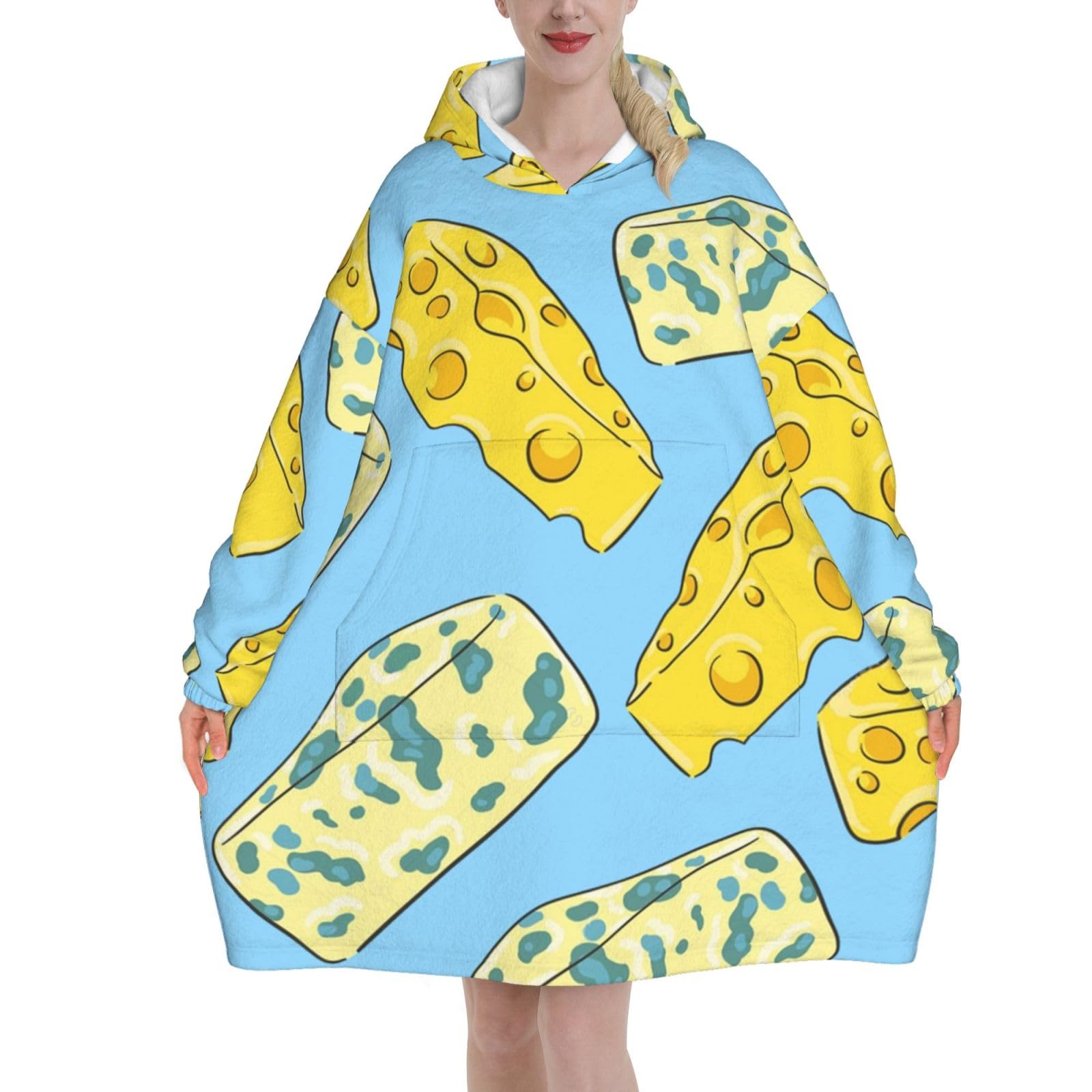Poadnly Unisex As Picture Cheese And Blue Cheese,Women's Oversized Wearable Blanket Hoodie, Blanket Sweatshirt,Flannel Pullover Blanket