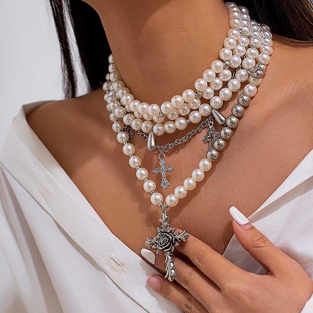Gangel Pearl Strand Necklace for Women Layered Pearls Necklaces Gothic Cross Choker Costume Party Jewelry - Image 2