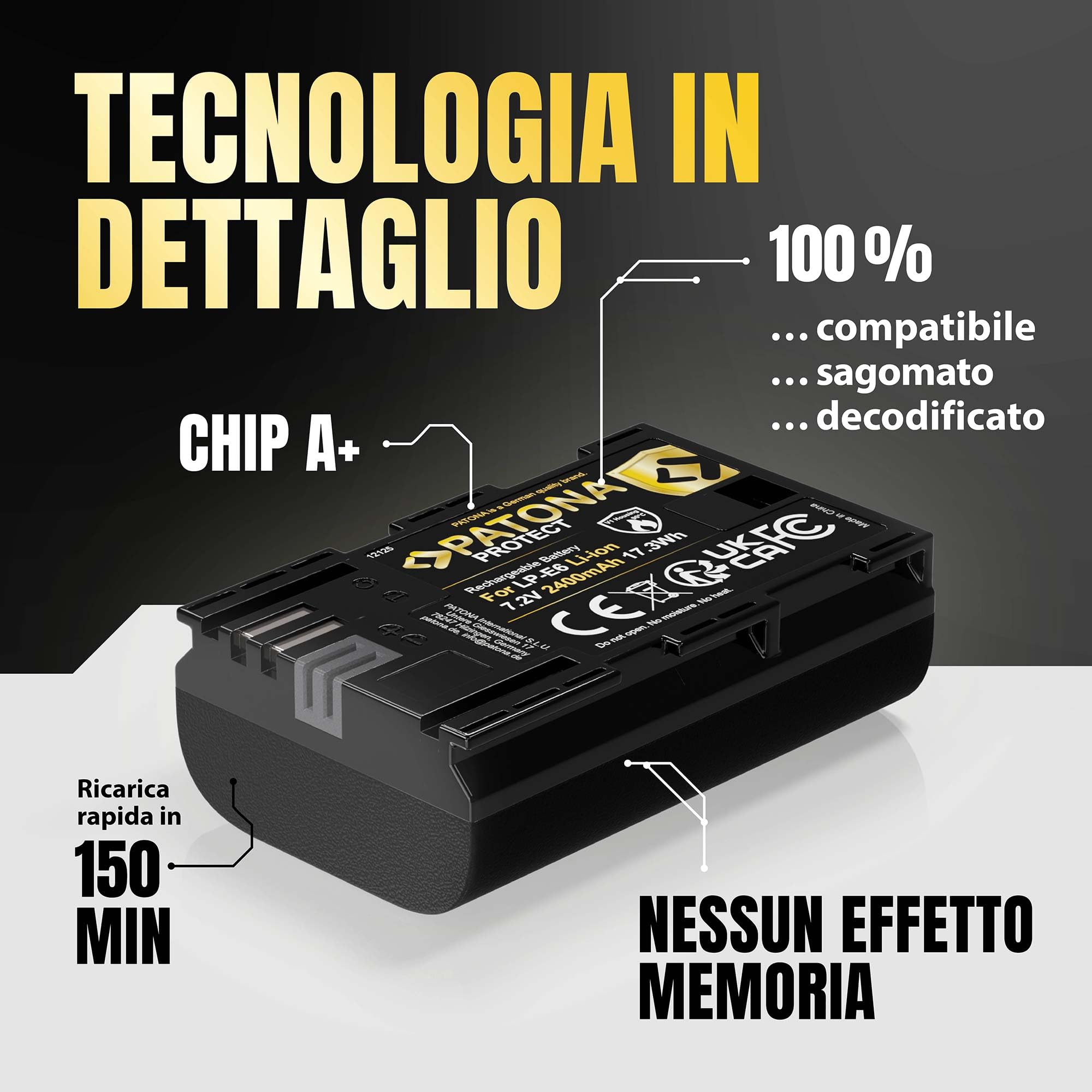 PATONA Protect LP-E6 Batteria 2400mAh – Ricambio per Canon LP-E6 – per EOS 5D Mark II III, 5DS, 6D 7D, 60D 60Da 70D 80D 90D, R R5, XC10 XC15 – con protezione NTC e involucro V1 per uso intensivo