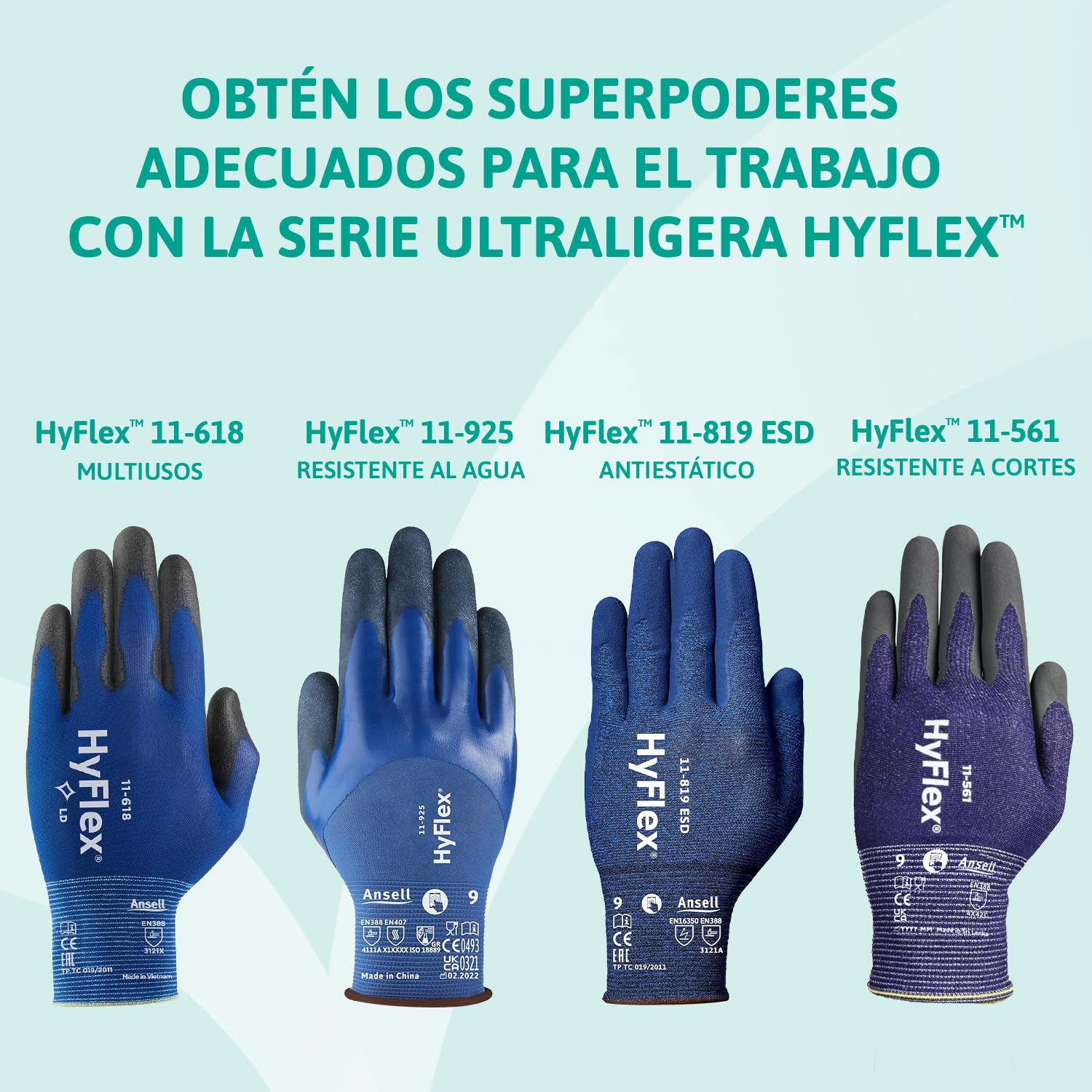 Ansell HyFlex 11-819 Guantes Trabajo Electricista, Diseno Ultraligero con Recubrimiento Nitrilo ESD Antiestatico, Guantes Seguridad Touchscreen, Guantes Hombre y Mujer, Azul, Talla L (12 Pares)