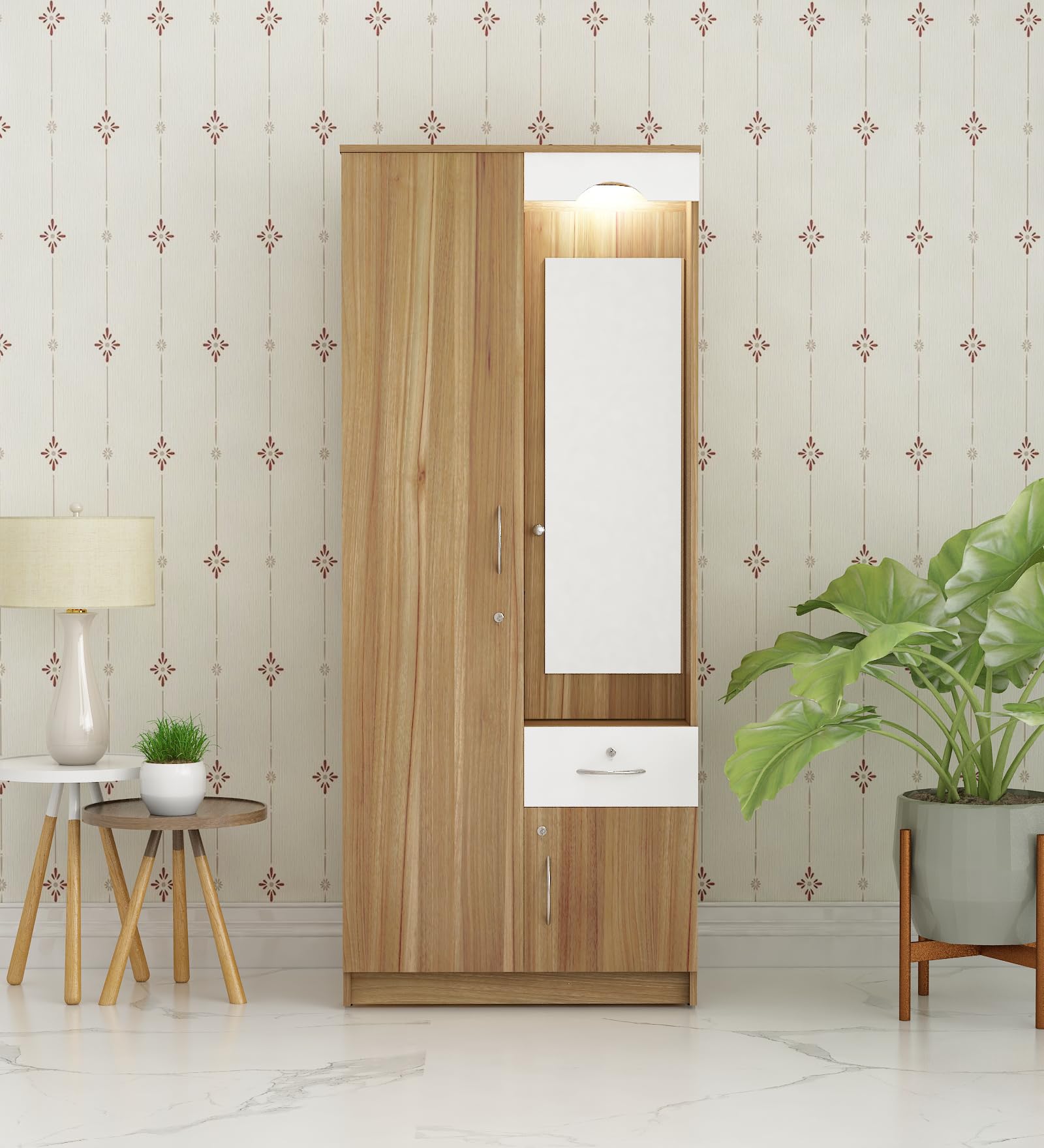 Syntax 2 Door Wardrobe | Engineered Wood Wardrobe with Dressing Table | 7 Shelves | Lyon Teak White | Knock Down-image-27