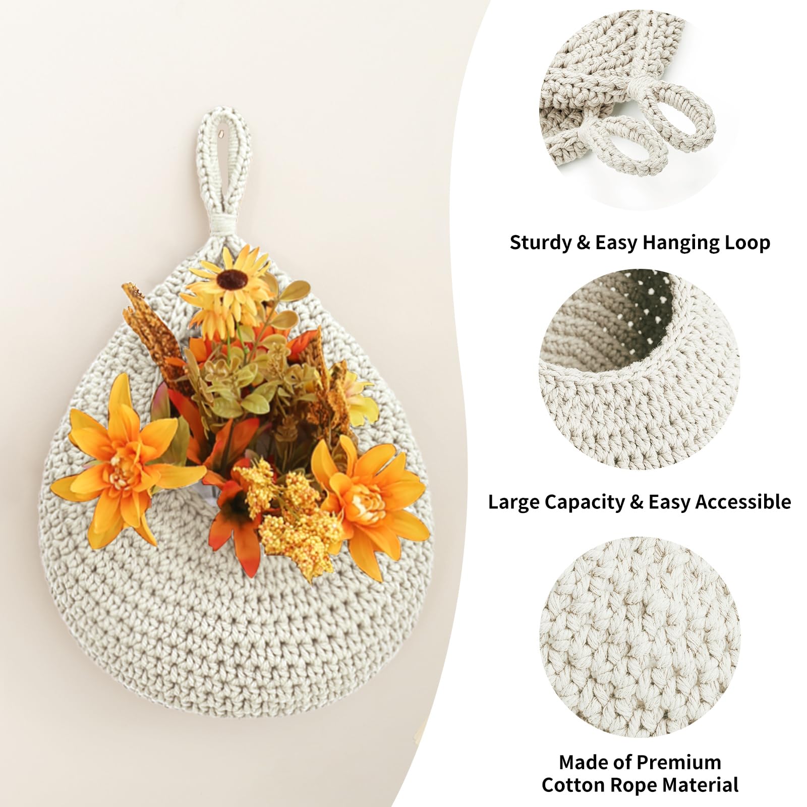 Cestini per frutta da appendere alla parete in stile boho, per cucina, confezione da 3 pezzi, con 6 ganci resistenti, cestino da appendere per verdure per organizzare a forma di goccia, per conservare