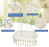 Vista 4 de Giantex Silla hamaca de 2 asientos, silla colgante de macramé con cojín, cuerdas de algodón colgantes, marco de metal, columpio