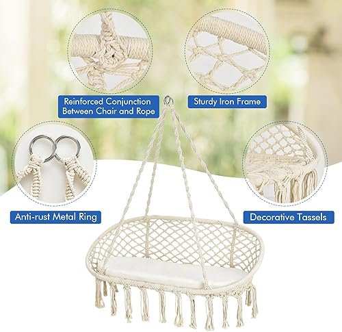 Miniatura 4 de Giantex Silla hamaca de 2 asientos, silla colgante de macramé con cojín, cuerdas de algodón colgantes, marco de metal, capacidad de 330 libras para