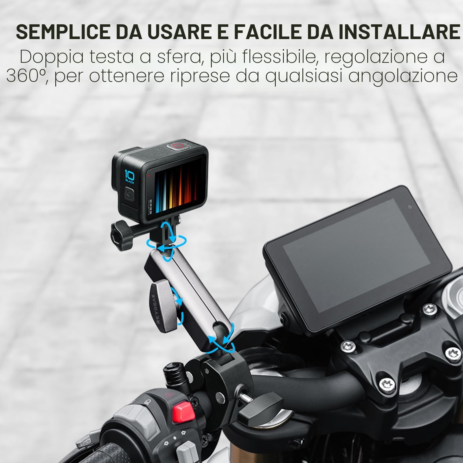 REYGEAK Supporto per fotocamera a doppia testa a sfera a 360° con viti da 1/4, supporto per manubrio per bicicletta a doppio artiglio per Gopro Max Hero 13/12/11/10/9