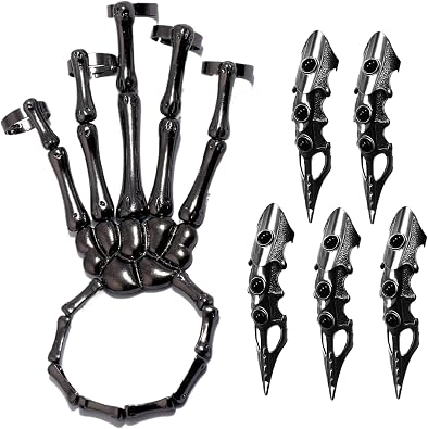Skeleton Hand Bracelet with 5 Rings, Movable Joint Punk Gothic Jewelry, Plated Alloy Halloween Cosplay Party Accessory