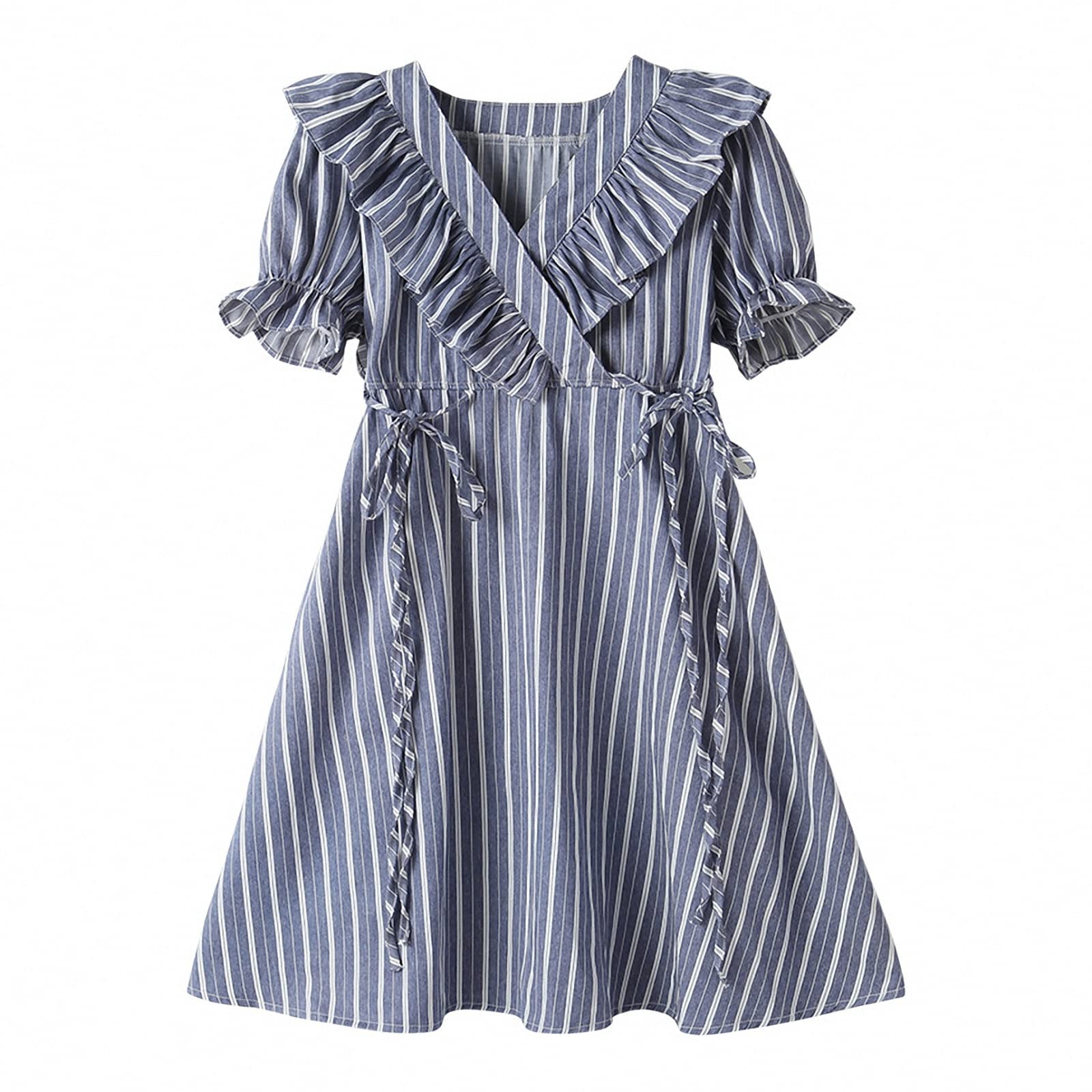 Vestido para niñas, Vestido de Princesa con Volantes a Rayas de Verano, Falda de Vacaciones en Playa con Mangas abullonadas de Encaje para niños medianos y Grandes