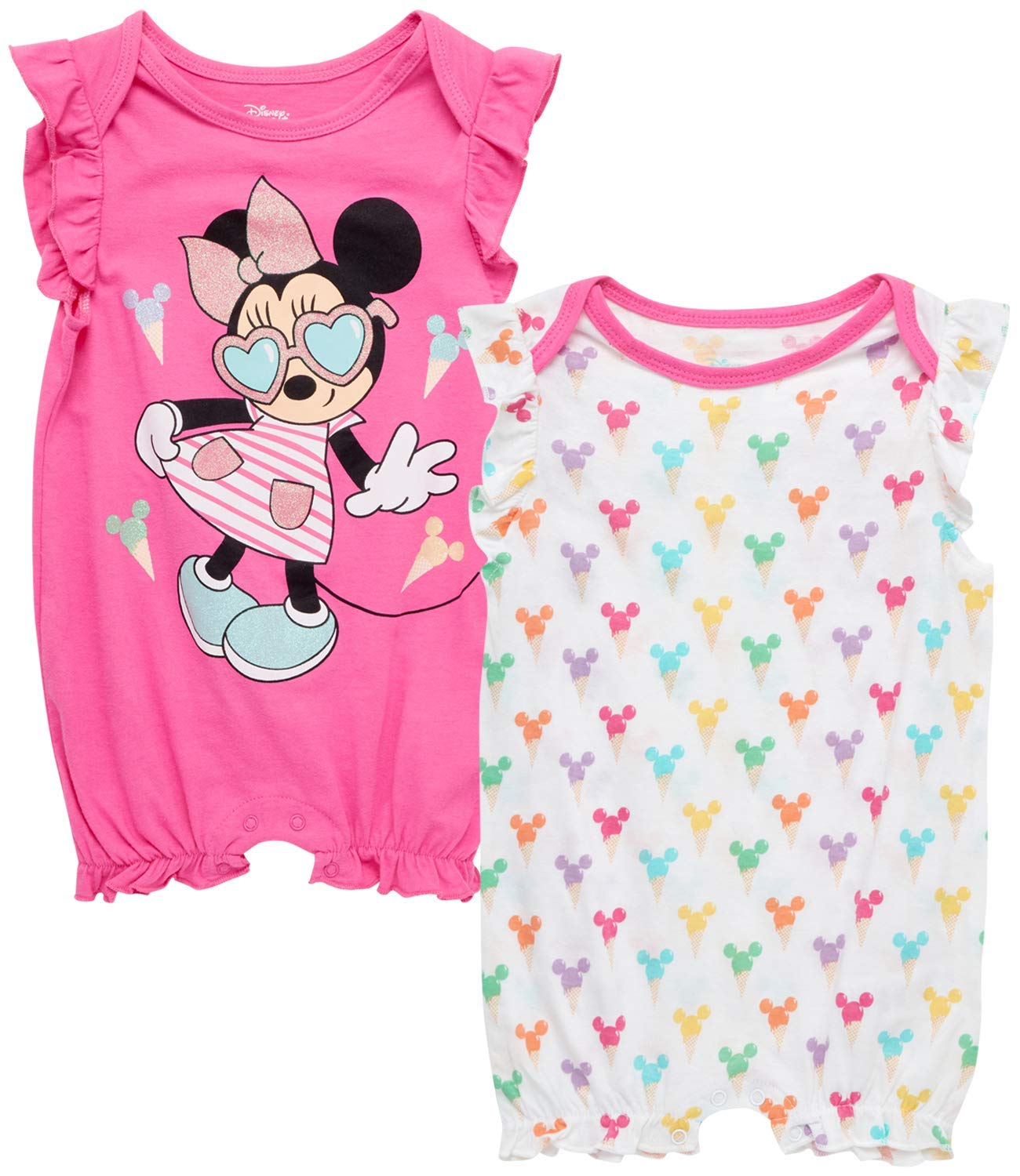 Disney Baby Girls Romper 2 Pack: Minnie Mouse Ruffle Sleeve Romper (Newborn/Infant), Size 24 Months, Hot Pink Minnie./ White Multi Hearts