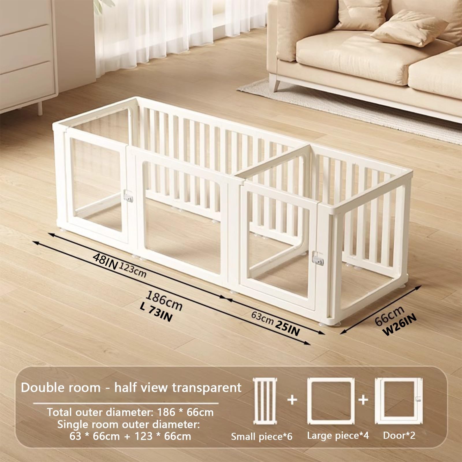 Recinto for Animali Domestici, Box for Cani da Interno Rettangolare,Trasparente Sala Parto Cane Modulare,Spessore Muro Recinzione 3 cm,A75cm,Sicuro e Stabile(H75CM,C-186x66cm/73X26IN)