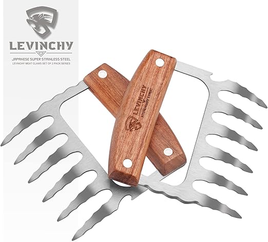 Meat Claws Shredders Claws 2 Pieces Set Meat Forks Meat Shredding Claws BBQ Grill Tools, Blade with Bottle Opener and Cutter, Large Wooden Handle