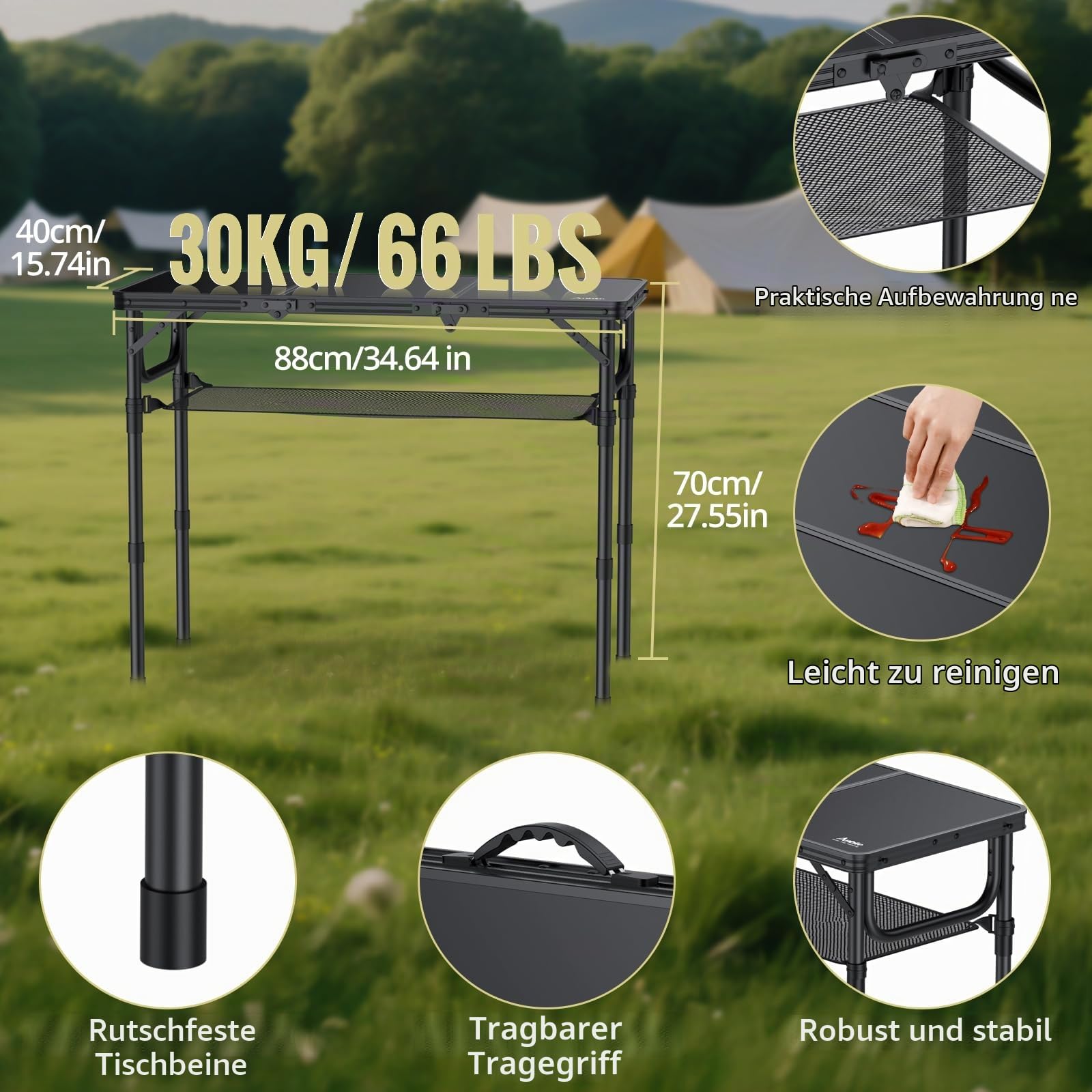 Anbte Campingtisch Klappbar 88x40cm Aluminium Rahmen 3 Höhenverstellbar 26/48/70cm Picknicktisch mit Aufbewahrungsnetz Tragbar Koffertisch Grilltisch für Camping Strand Balkon (Ganz Schwarz)