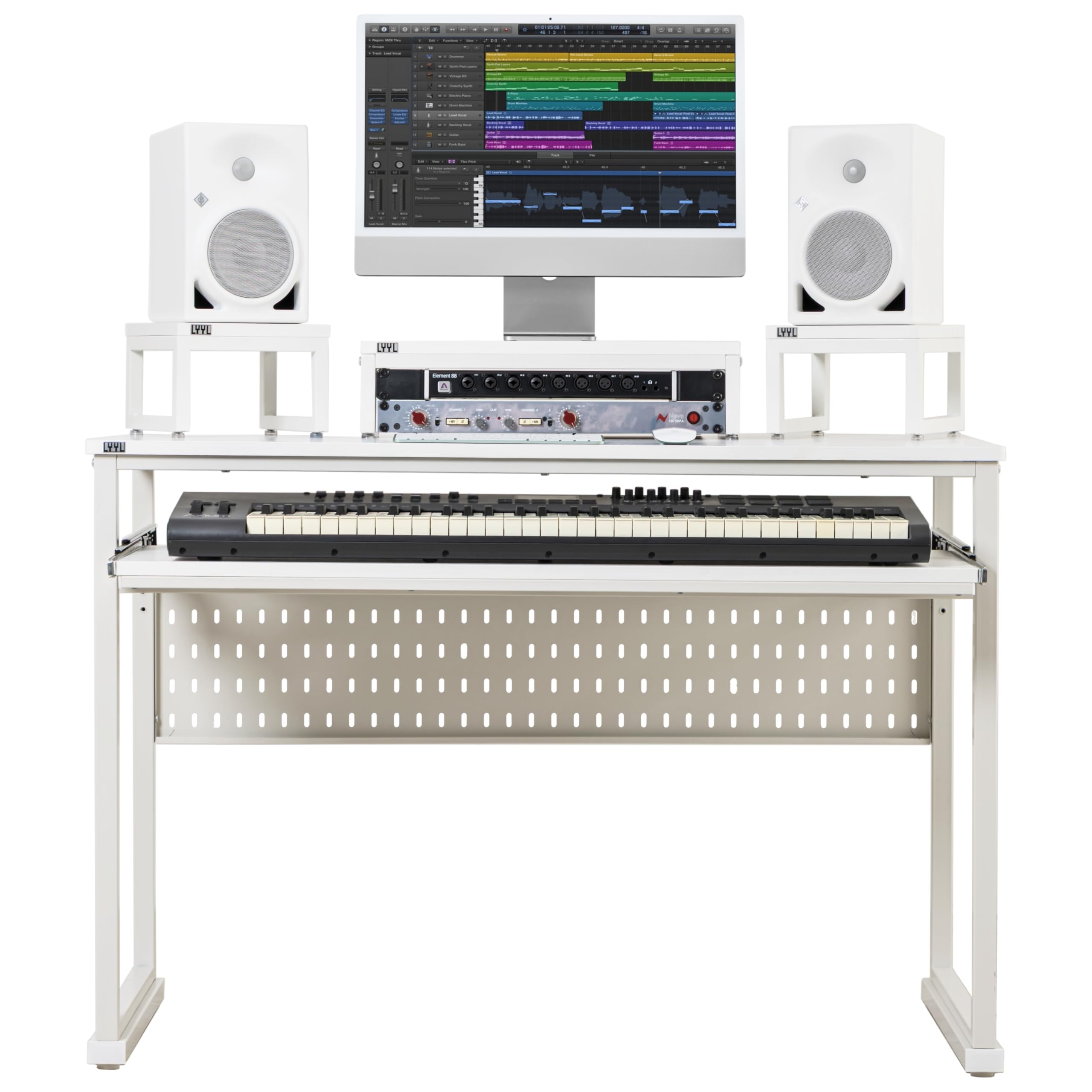 LYYL Music Studio Desk with Keyboard Tray and Height Adjustment Bracket, for 61 Keys (Music Producer Desk) (White, 61 Keys)
