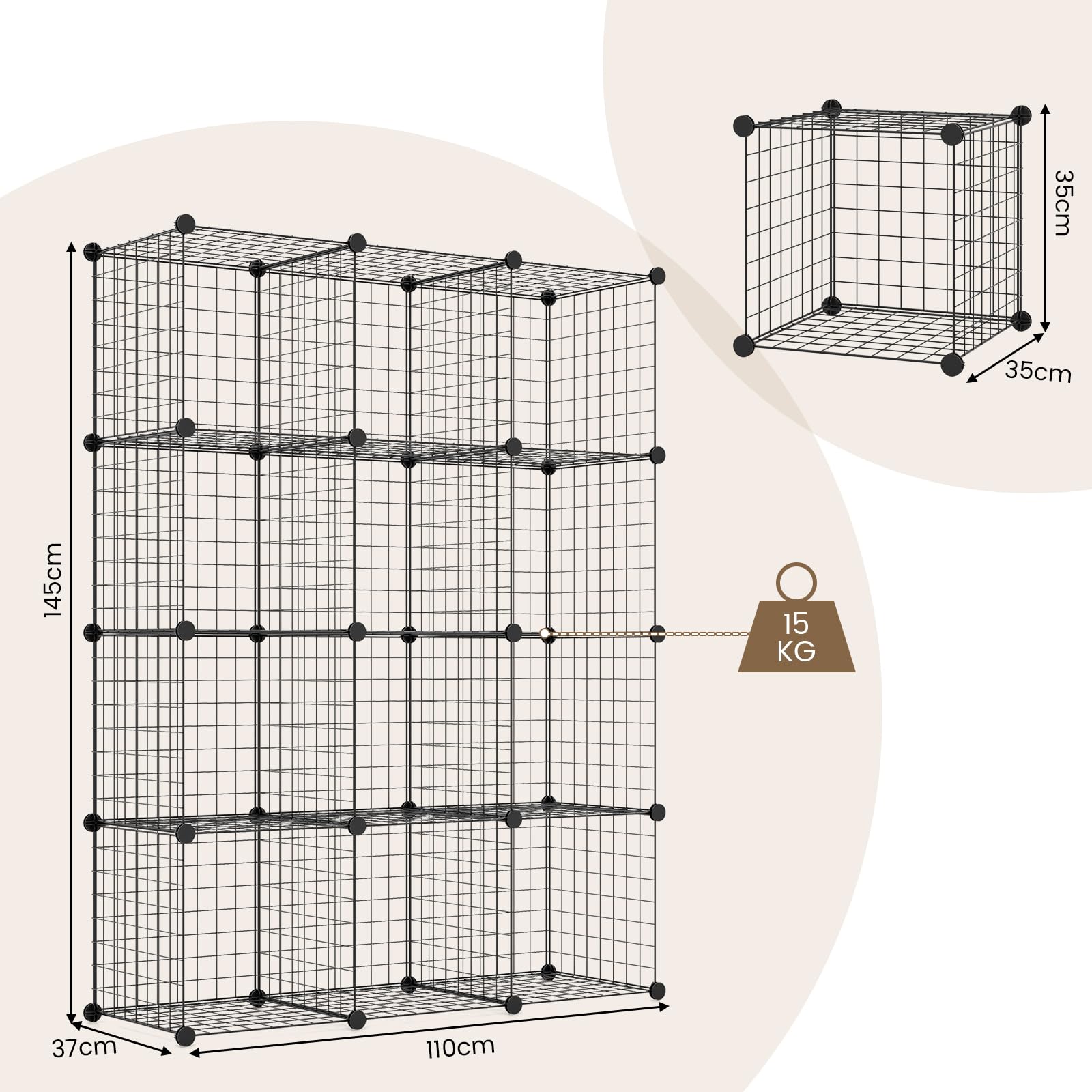 COSTWAY Étagère Cube en Grille Métallique, Armoire de Rangement Conception DIY à 12 Cubes, Modulaires Empilables, Grande capacité, Meuble de Rangement pour Chambre, Bureau, Garage, Noir
